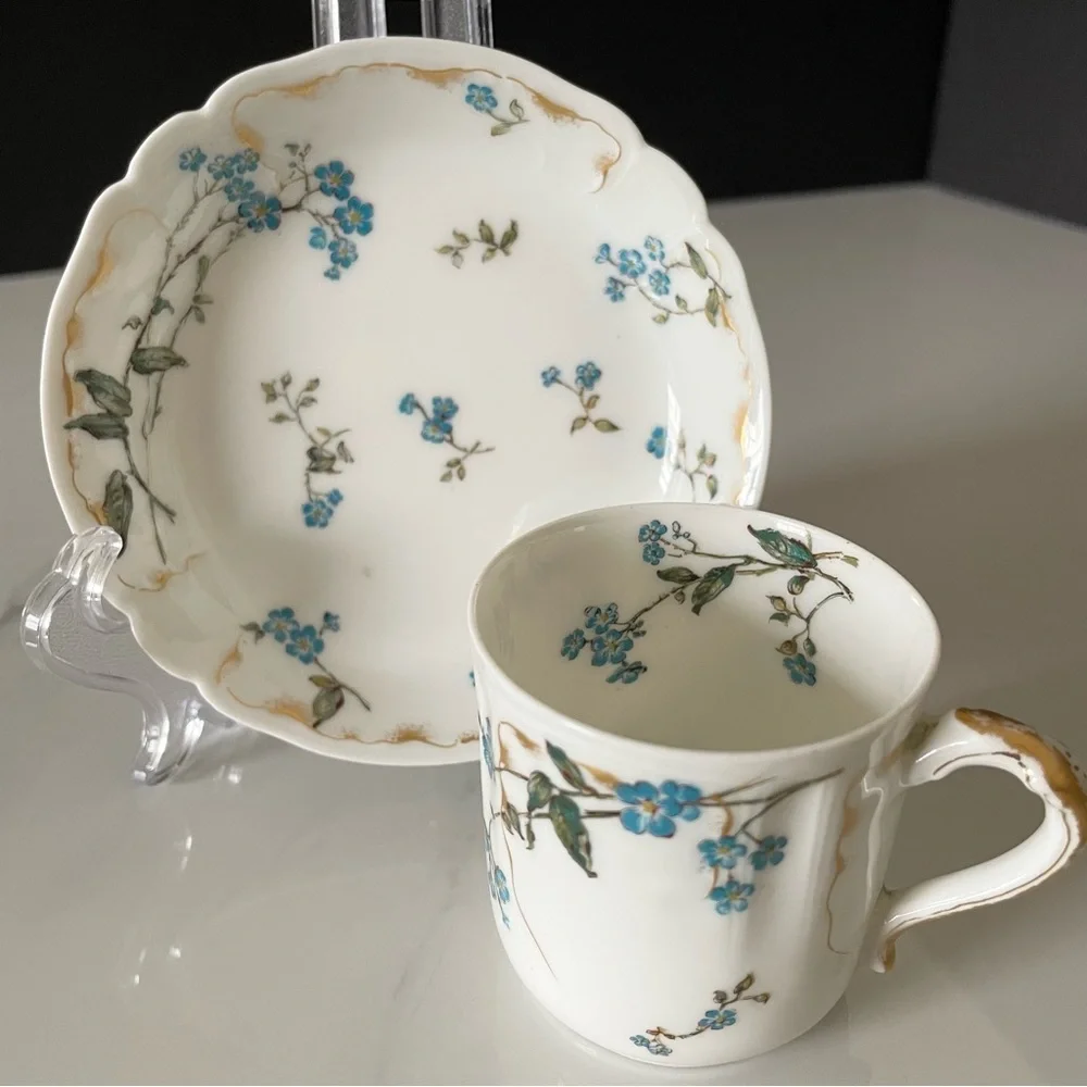 Espresso Demitasse Cup & Saucer - Blue Flowers with Gold - Haviland Limoges